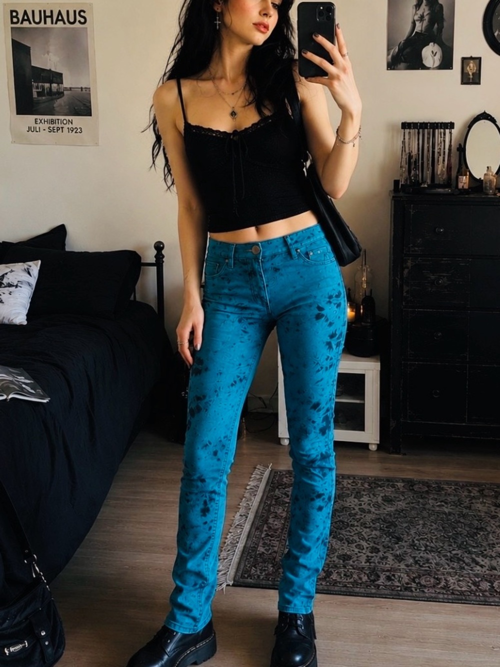 Rock & Republic BERLIN Tie-Dye Denim Mid Rise Jeans In Teal & Black Size 10 NWOT